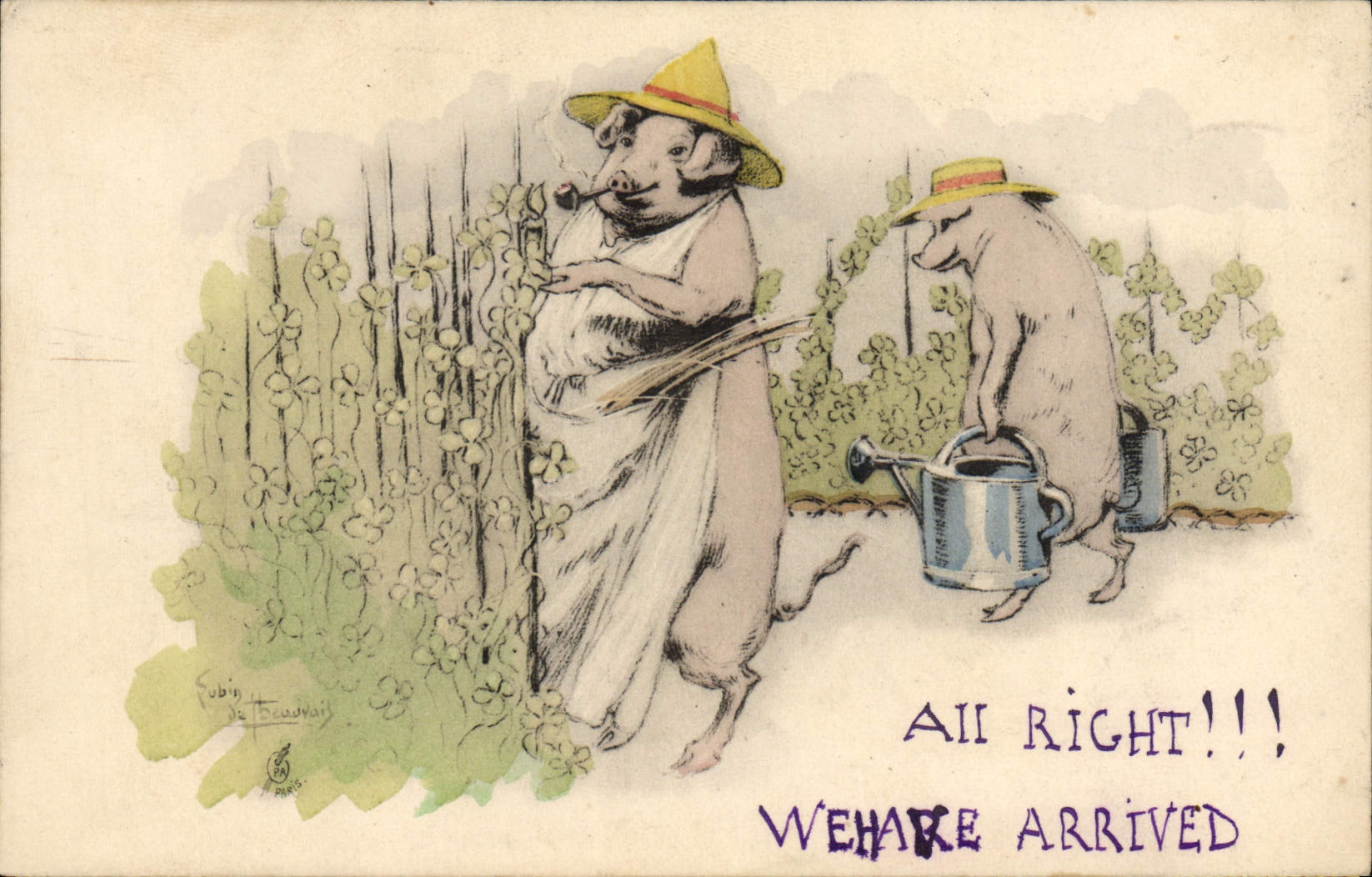 Vintage Postcard Fantasy Illustrator Pig Garden Pig