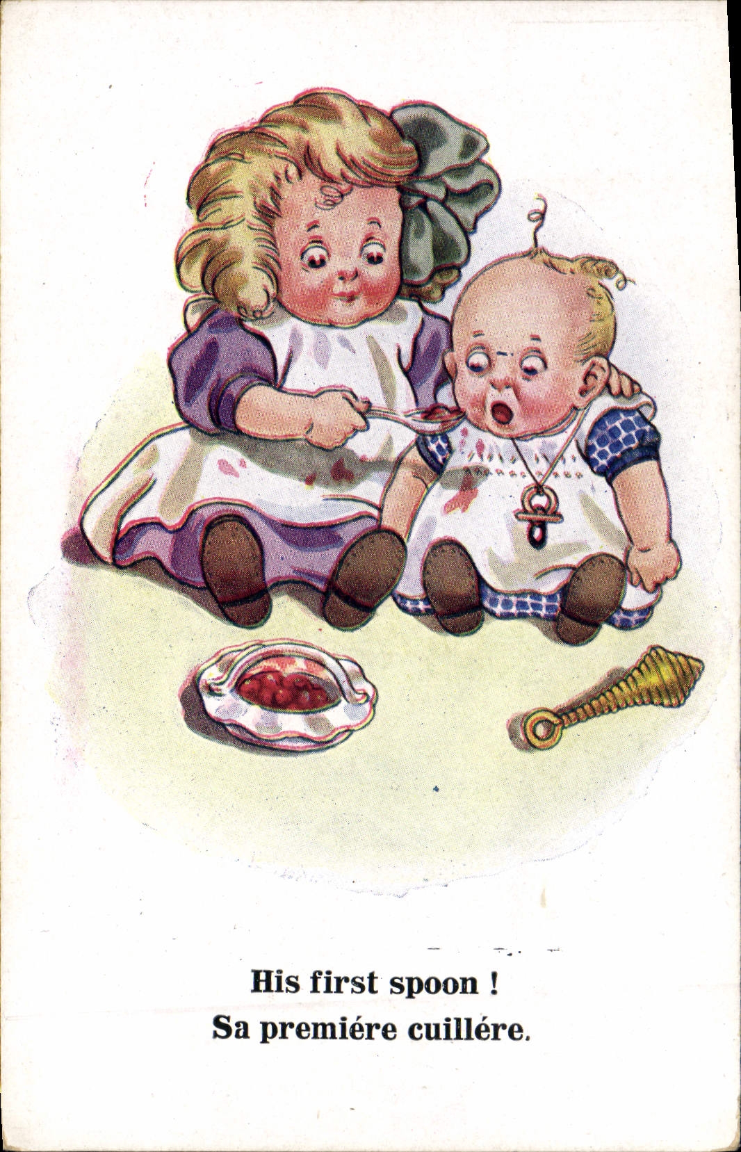 Vintage Postcard Fantasy Illustrator Children Her first spoon!