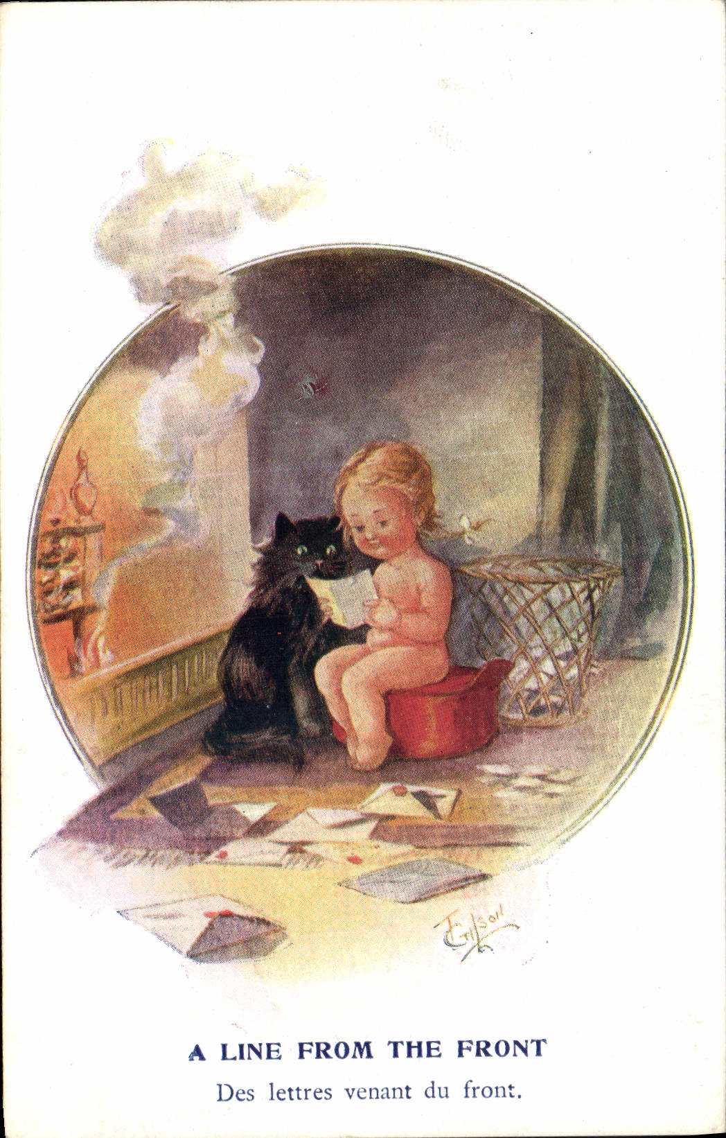 Vintage Postcard Fantasy Illustrator Child Cat Kitten A line from the Militaria face