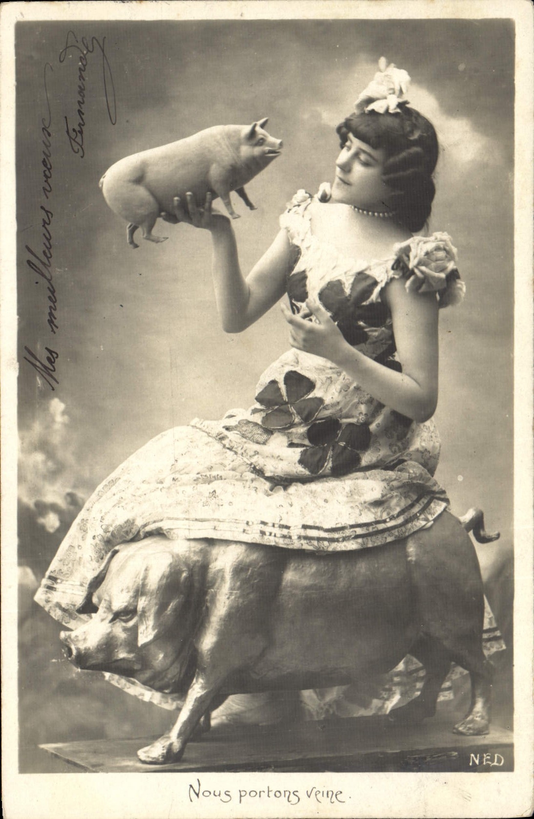 Vintage Postcard Cochon Pig Woman we carry vein