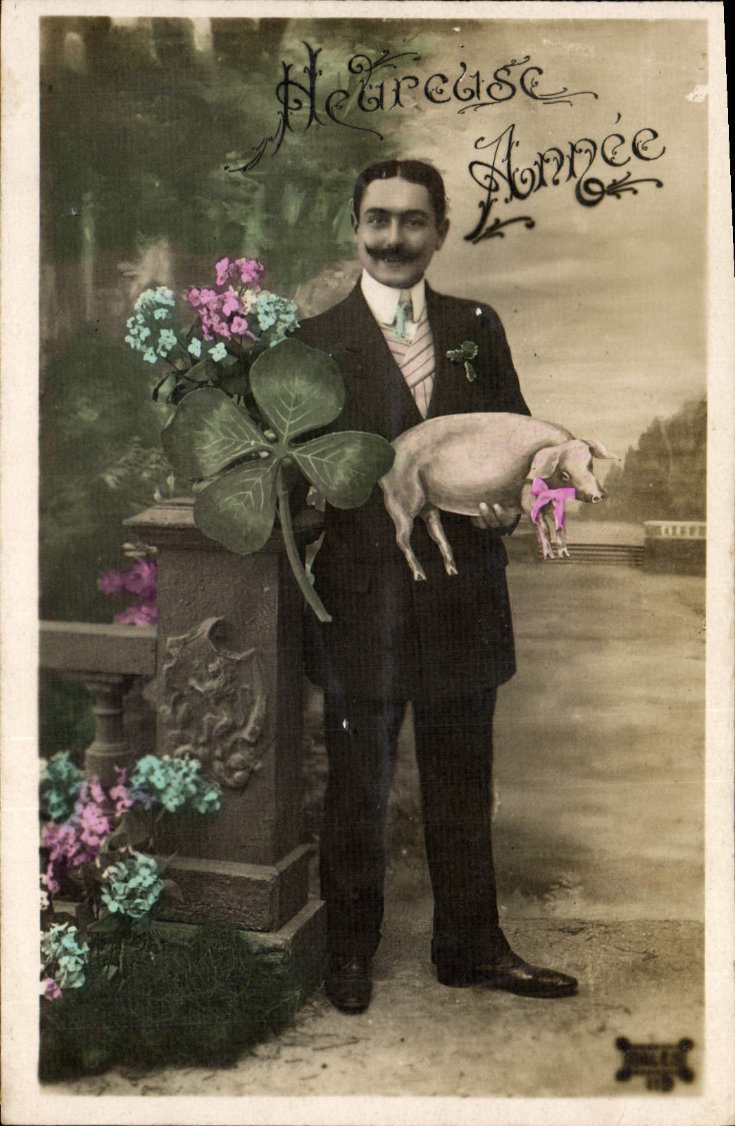 Postal Cerdo Cerdo Hombre Trébol