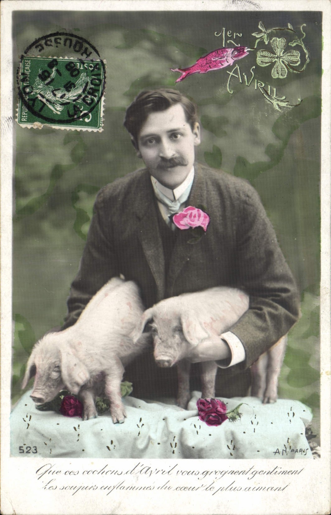 Vintage Postcard Pig Pig Man