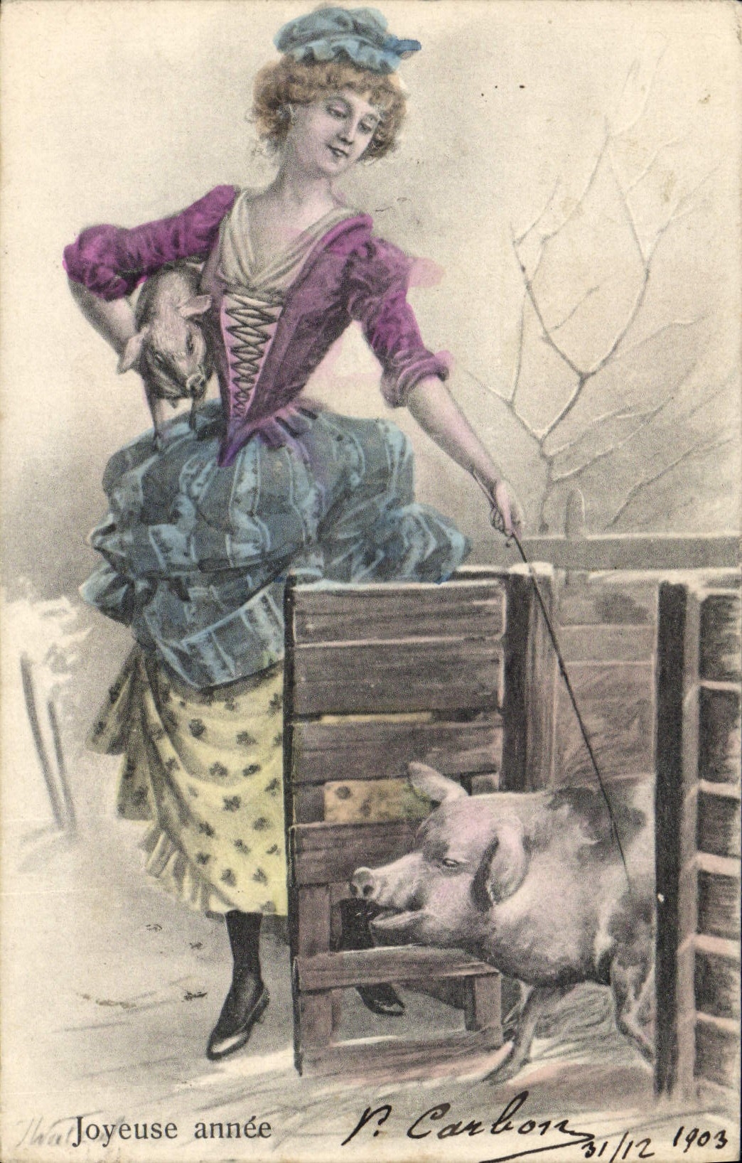CPA Cochon Porc Femme Joyeuse annee 