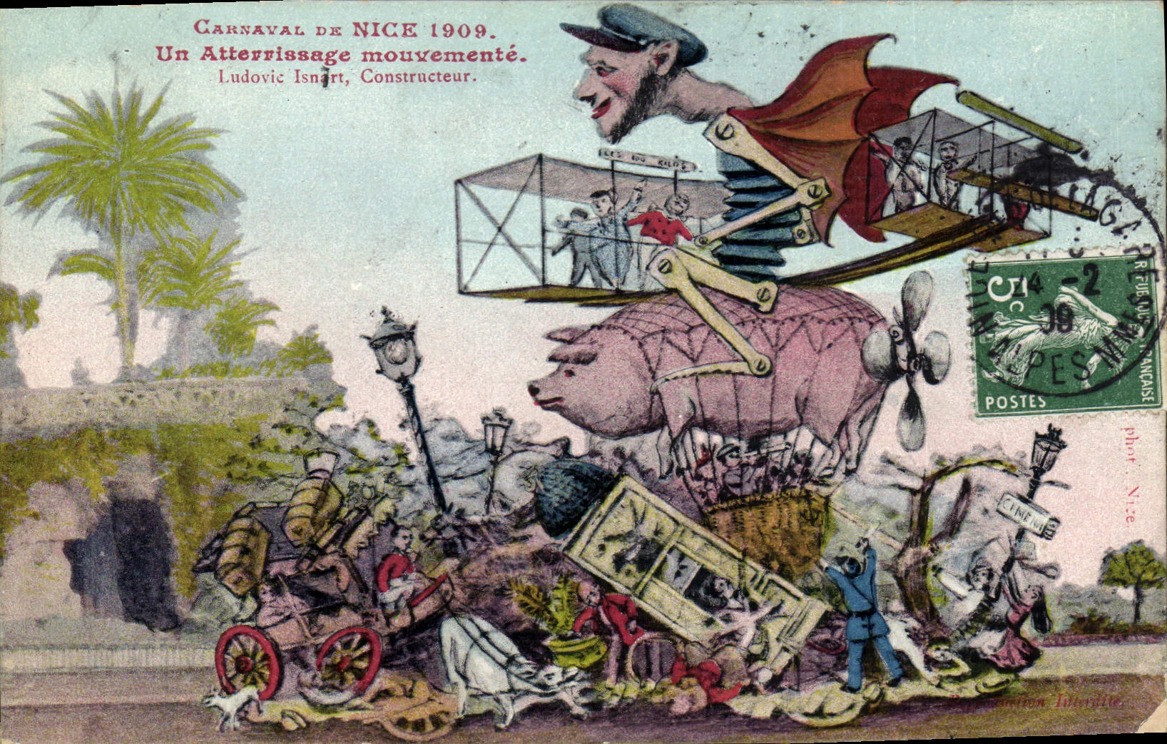 CPA Cochon Porc Carnaval de Nice 1909 Un atterrissage mouvemente Avion Aviation