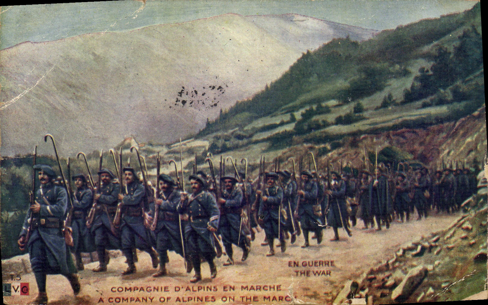CPA Militaria Chasseurs alpins Compagnie d'alpins en marche