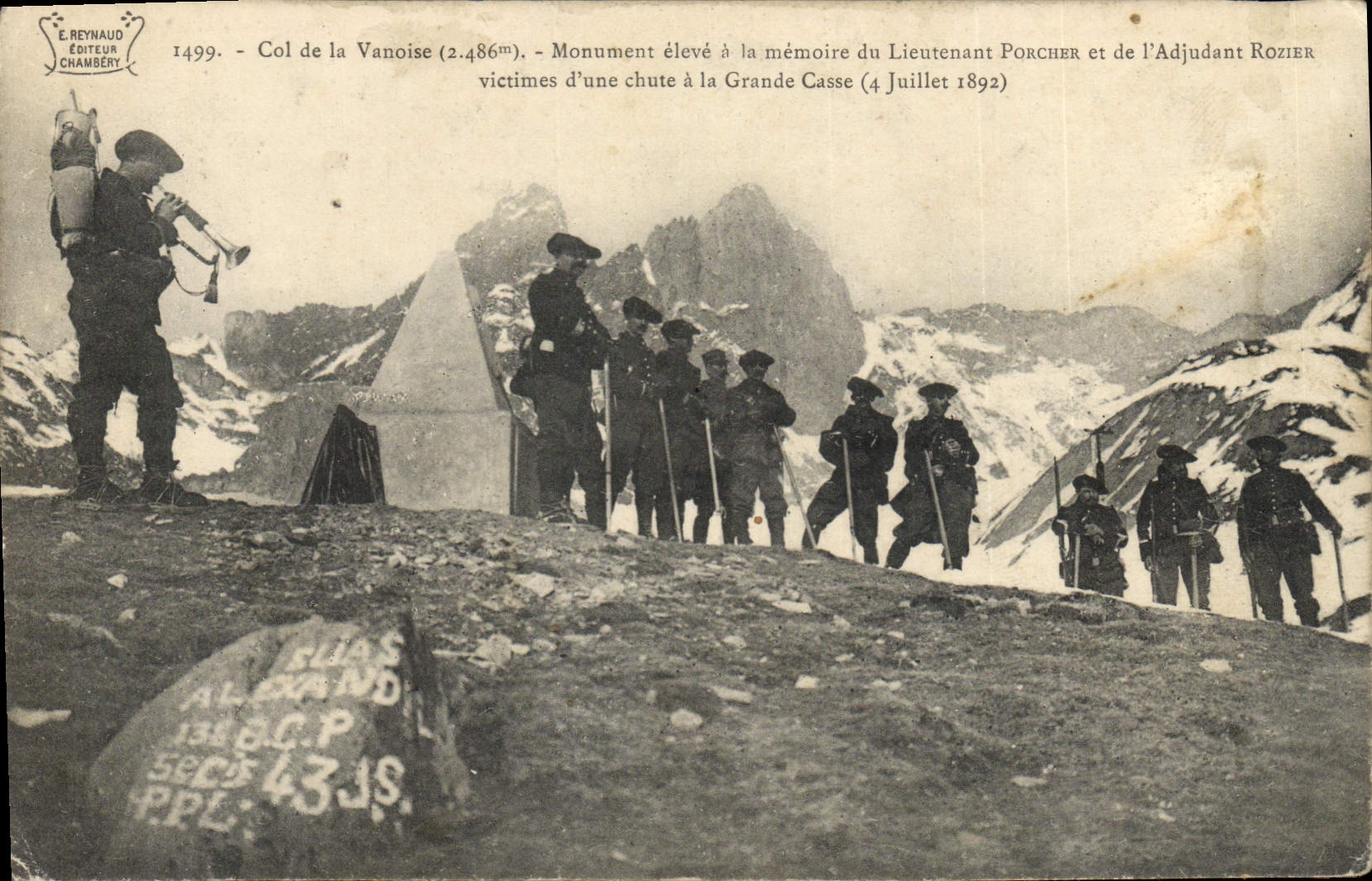 Postal Militaria Cazadores alpestres Cuello del Vanoise Monumento alumno tiene la memoria del teniente Porcher y del ayudante Rozier víctimas de una caída tiene la Gran Fractura