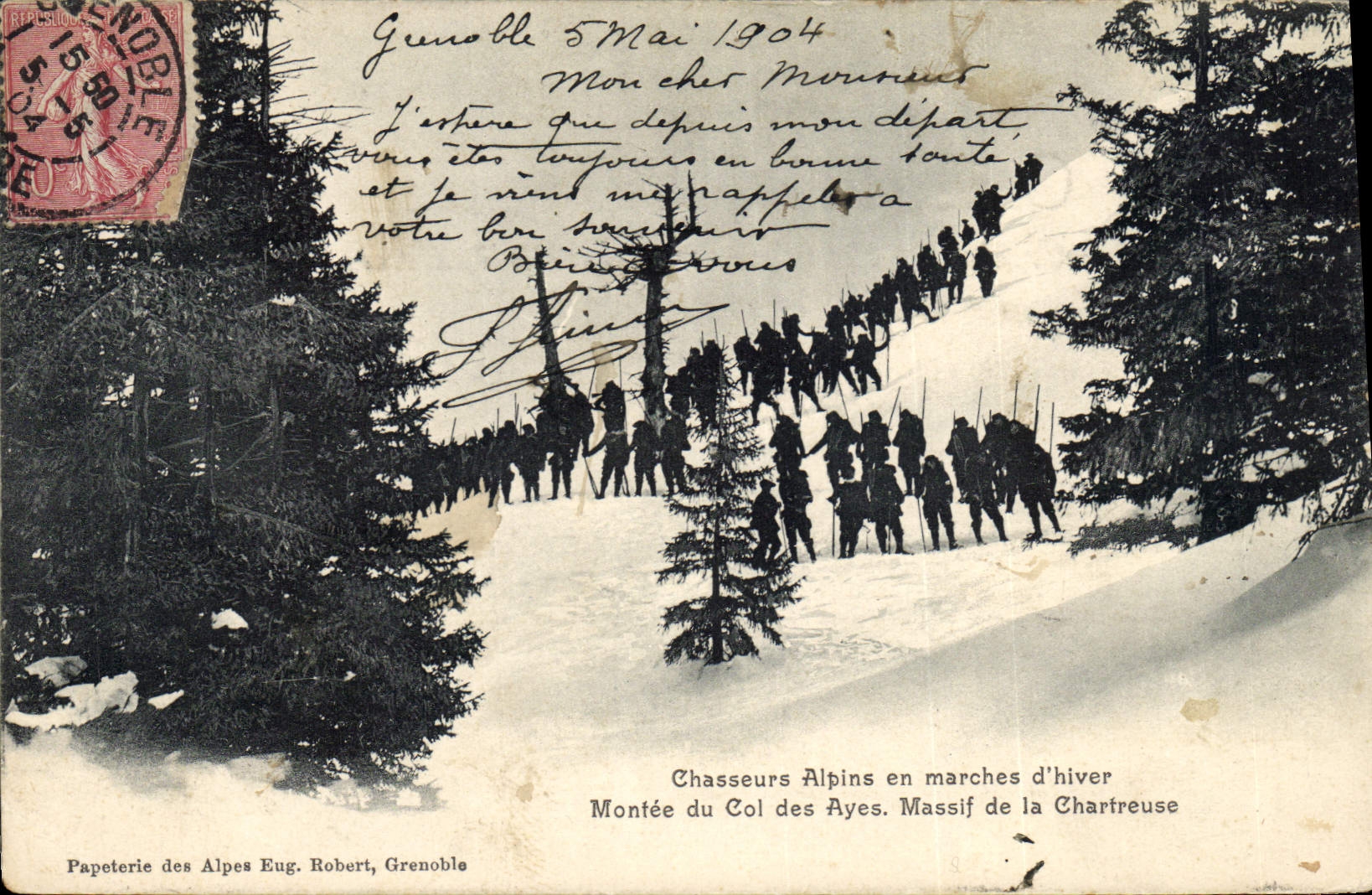 Vintage Postcard Militaria Alpine hunters moving of winter Assembled of the Collar of Massive Ayes of the Charterhouse