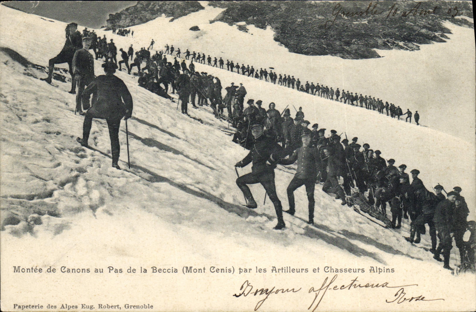 Vintage Postcard Militaria Alpine hunters Assembled of guns to the Step of Beccia Cenis Mount by the artillerists and Alpine hunters