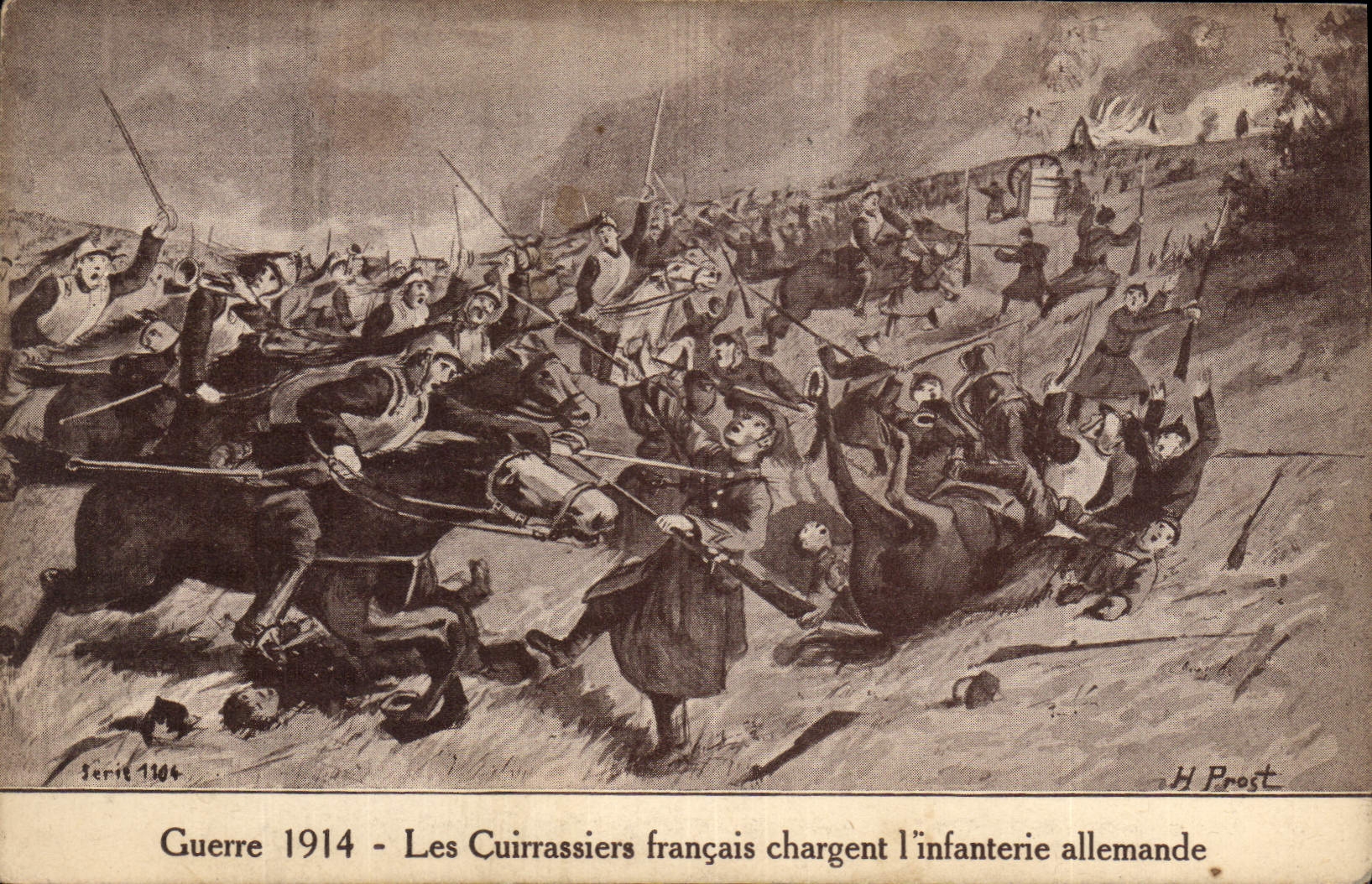 Vintage Postcards Militaria Guerre the 1914 French cuirassiers charge the German infantry