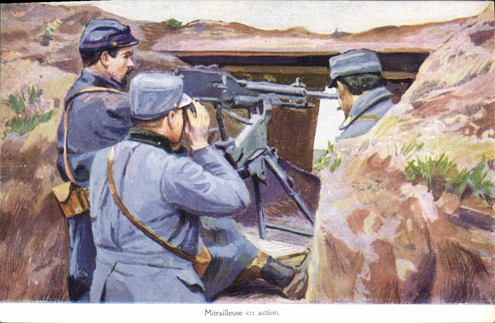 Vintage Postcard Militaria Machine-gun in action Publicity Capsules of Quinine Sulfate of Chapoteaut Paris Street Vivienne