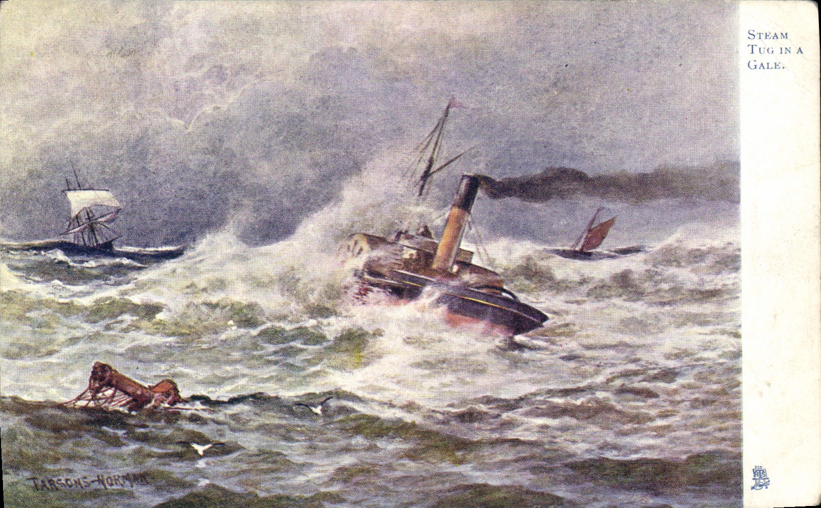 Vintage Postcard Fantaisie Illustrator Steam tug in has Gale Boat