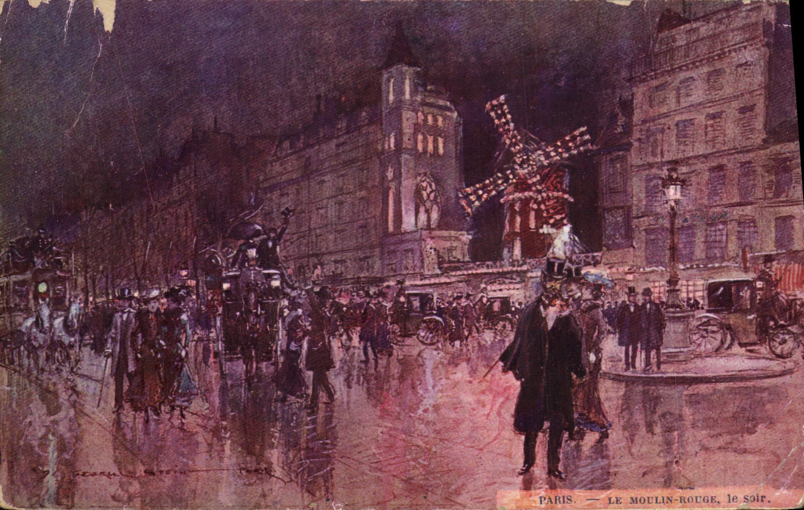 Vintage Postcard Fantasy Paris Illustrator the moulin-Rouge the evening