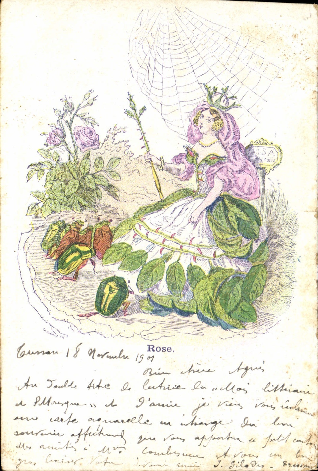 Vintage Postcard Fantasy Illustrator Woman Cobweb Insects