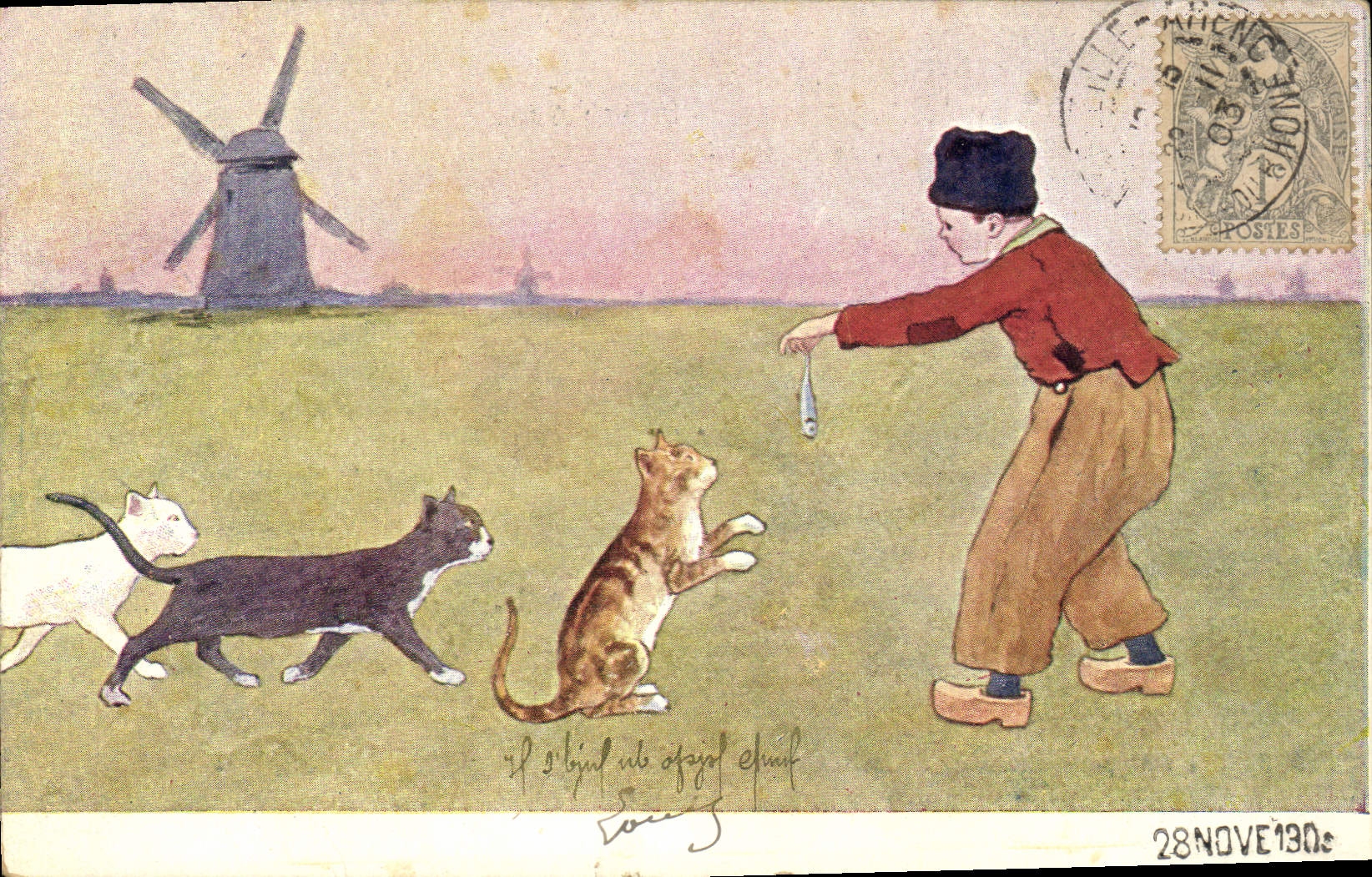 Vintage Postcard Fantaisie Illustrator Child Windmill Chat Kitten Holland Cats