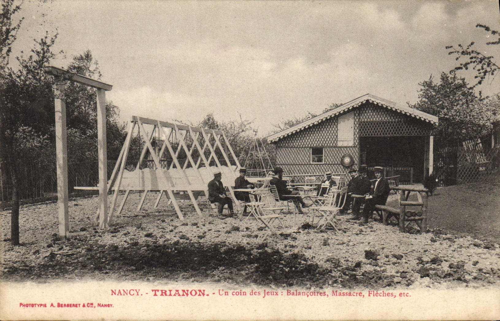 Postal Nancy Trianon una esquina de los juegos Balancoirs Masacre Flechas