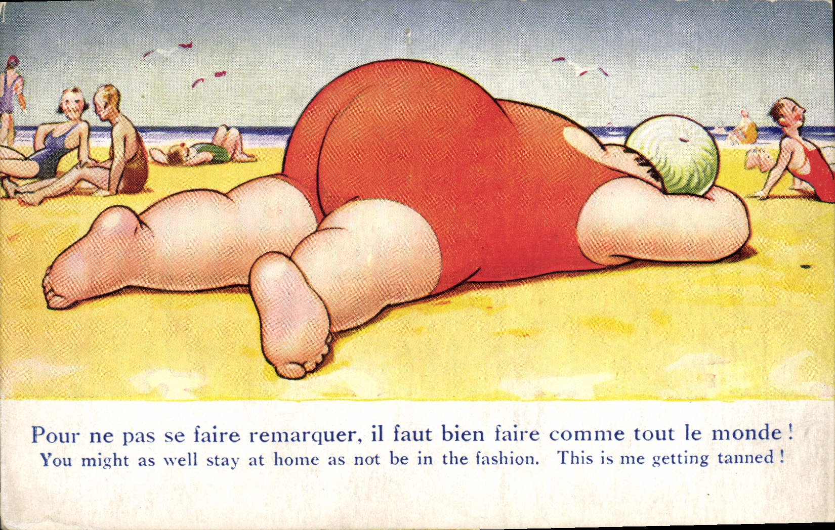 Vintage Postcard Fantaisie Illustrator strong Woman has the beach