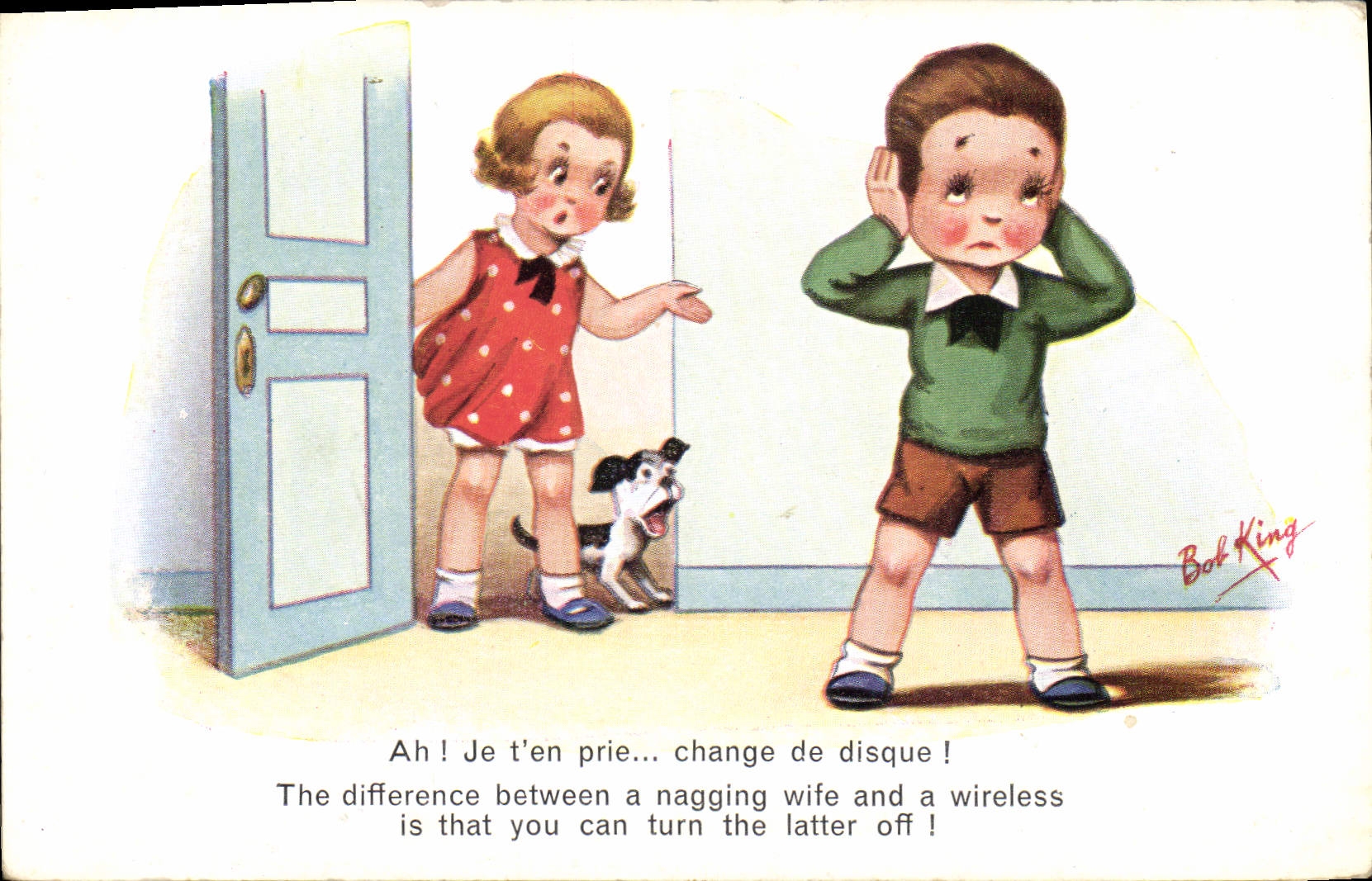 Vintage Postcard Fantasy Illustrator Bob KKing Children Dog