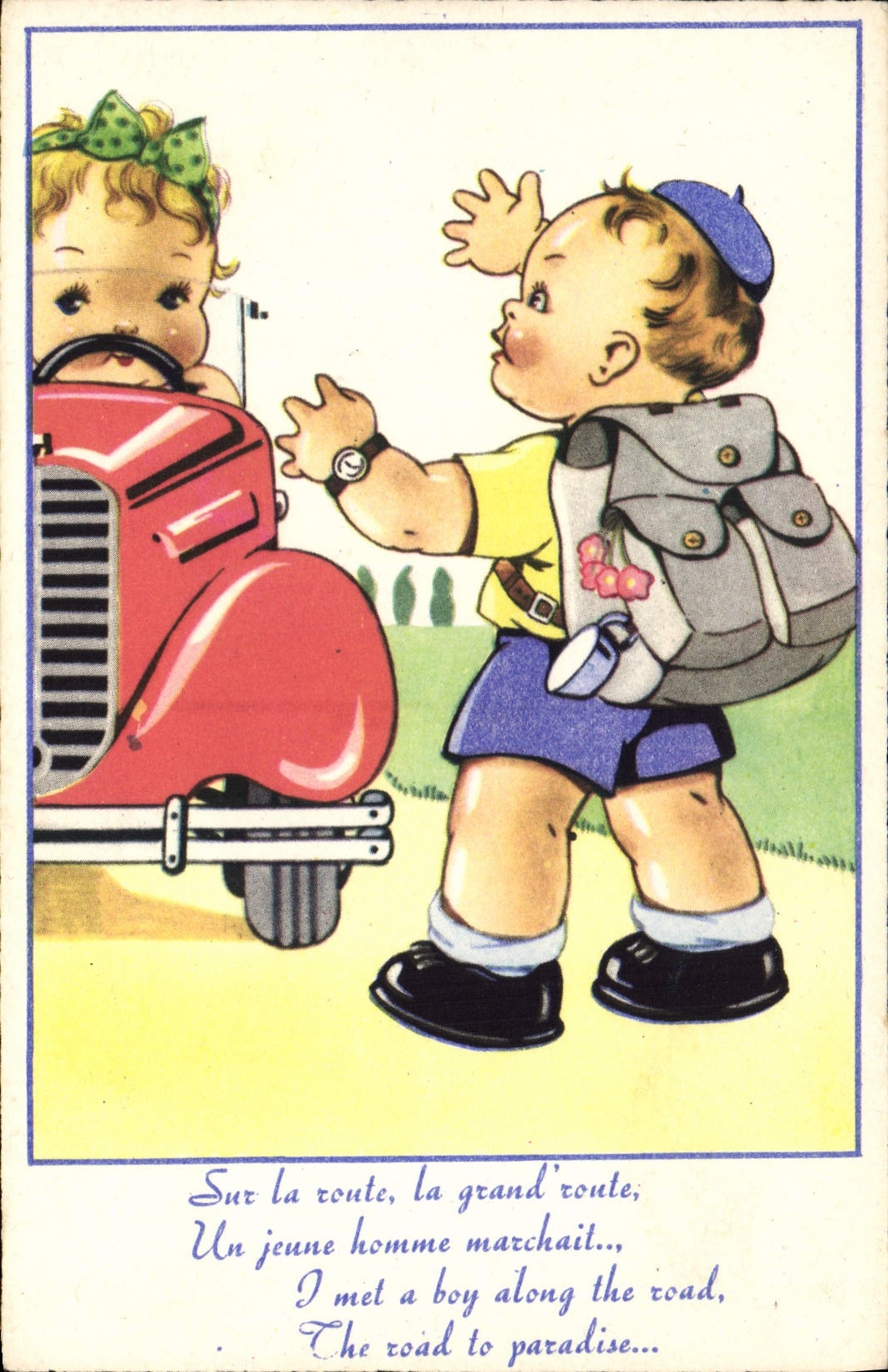 Vintage Postcard Automobile Fantasy Illustrator Children Excursion