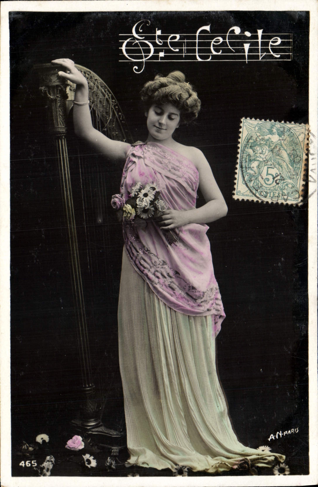 Postal Mujer Santo Cecilia Arpa