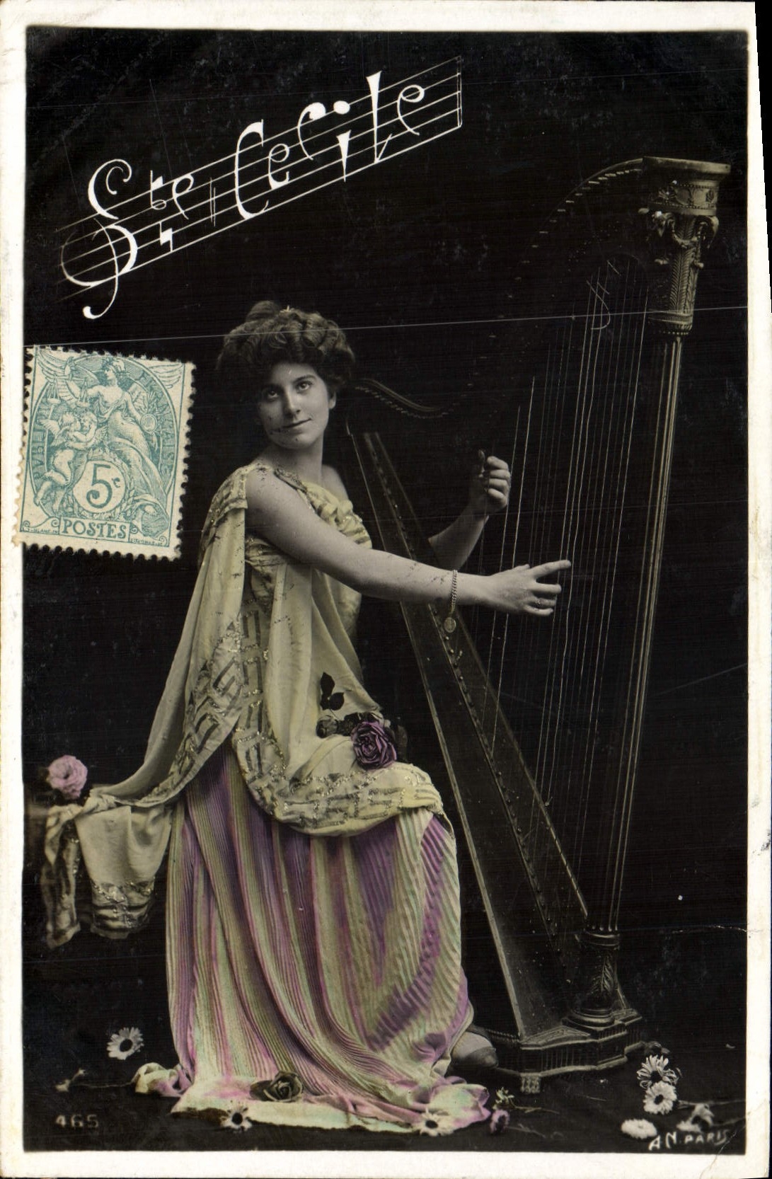 CPA Femme Sainte Cecile Harpe
