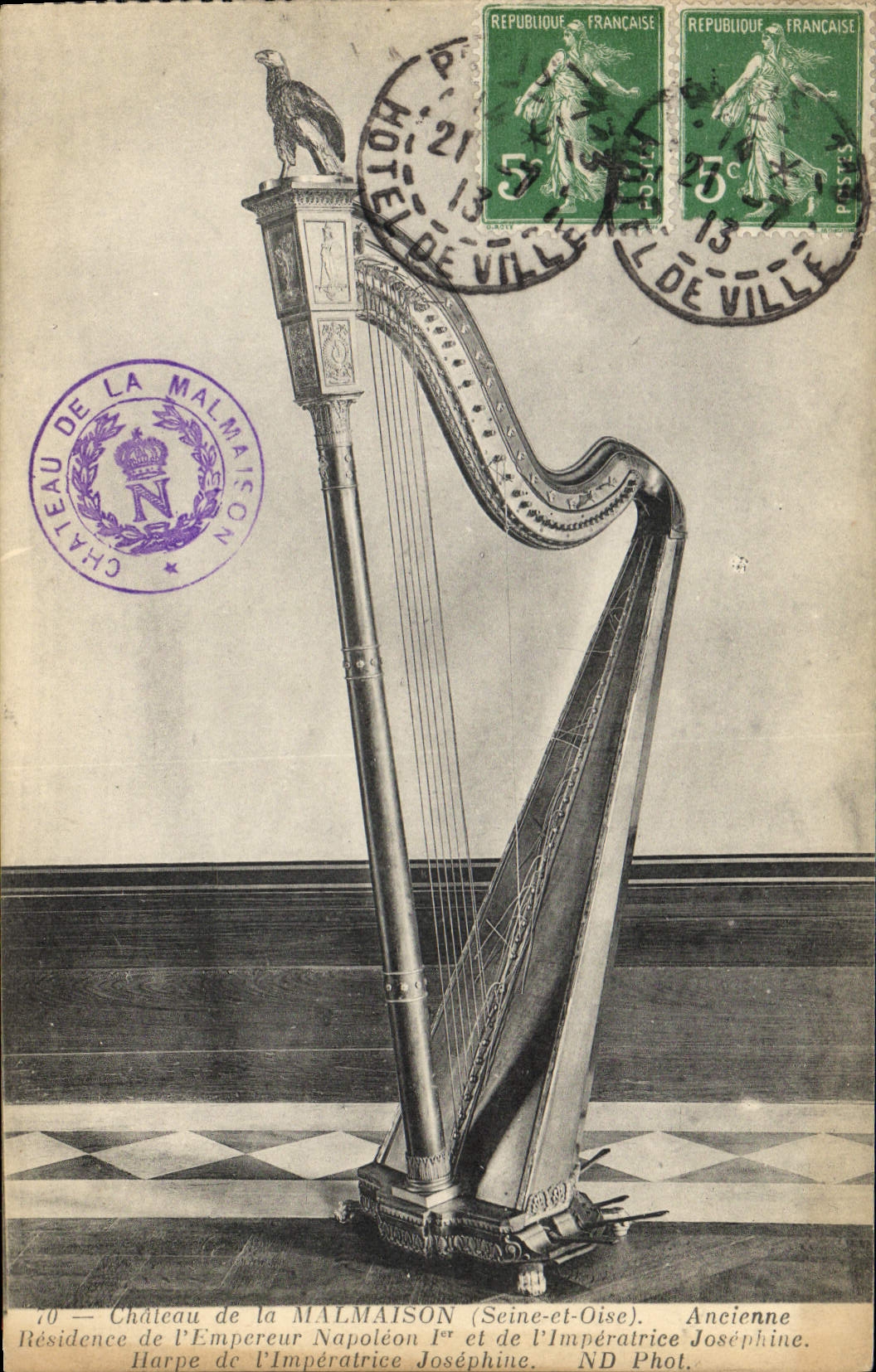 Postal Castillo del Malmaison Antiguo residencia de 1.o Napoleón Arpa de la Emperatriz Josephine