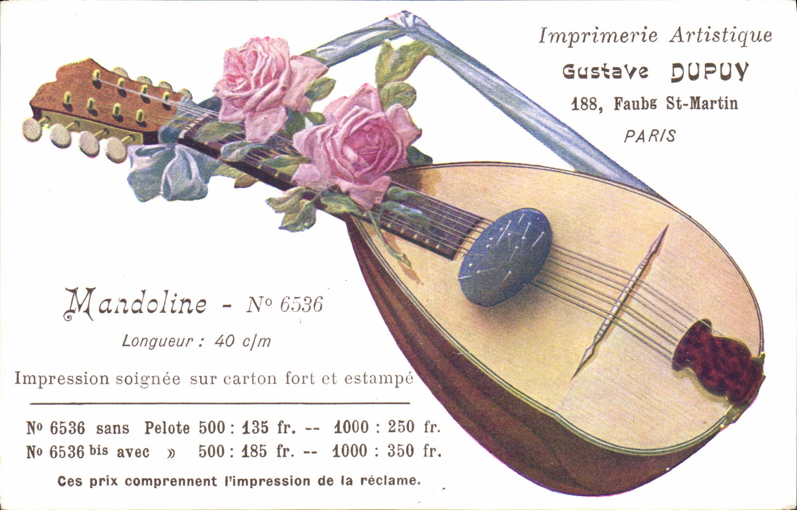 Postal Mandolina Gustave Dupuy Faubourg San Martin París