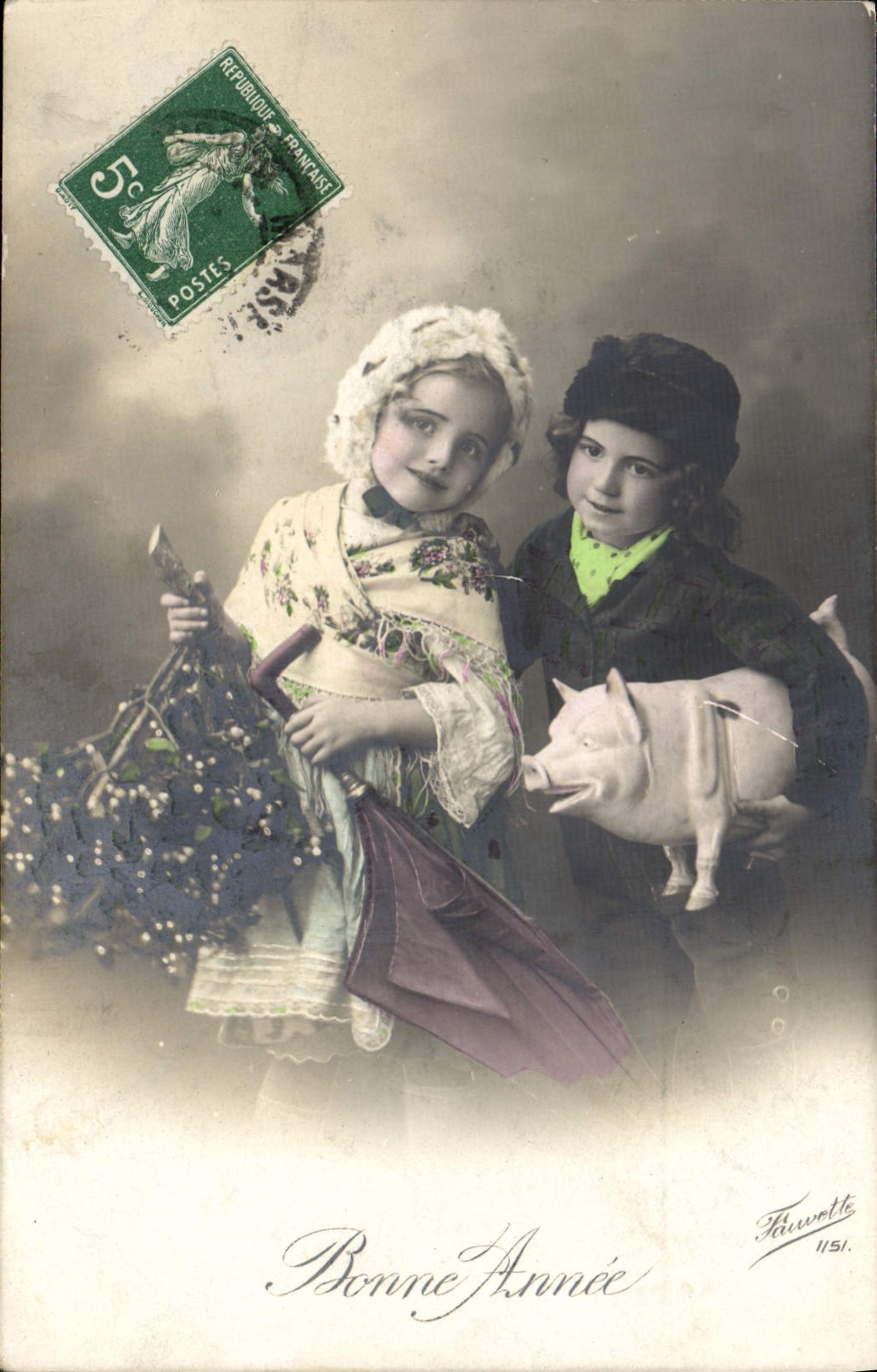 CPA Cochon Porc Enfants Bonne annee 