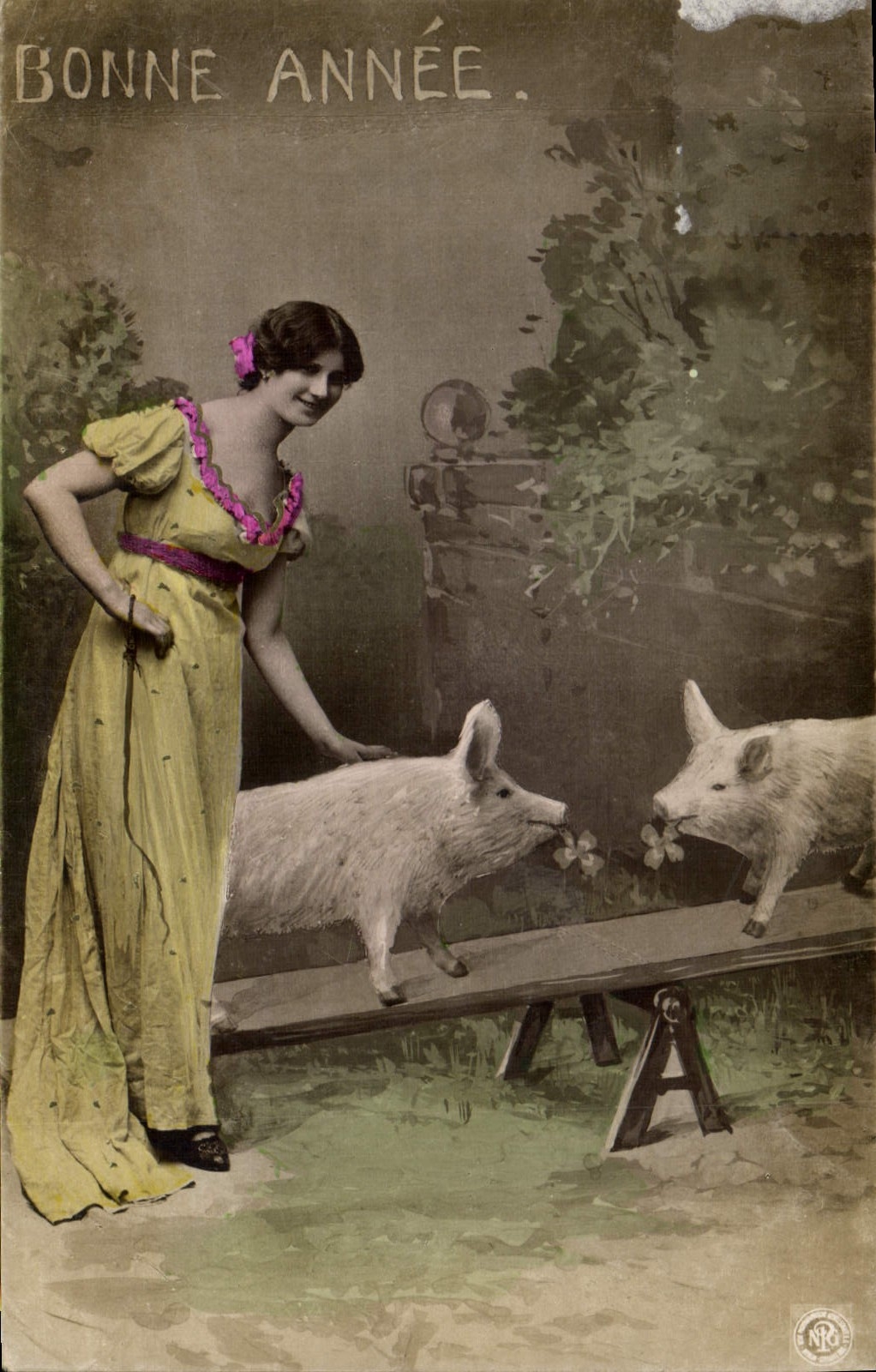CPA Cochon Porc Femme Bonne annee 
