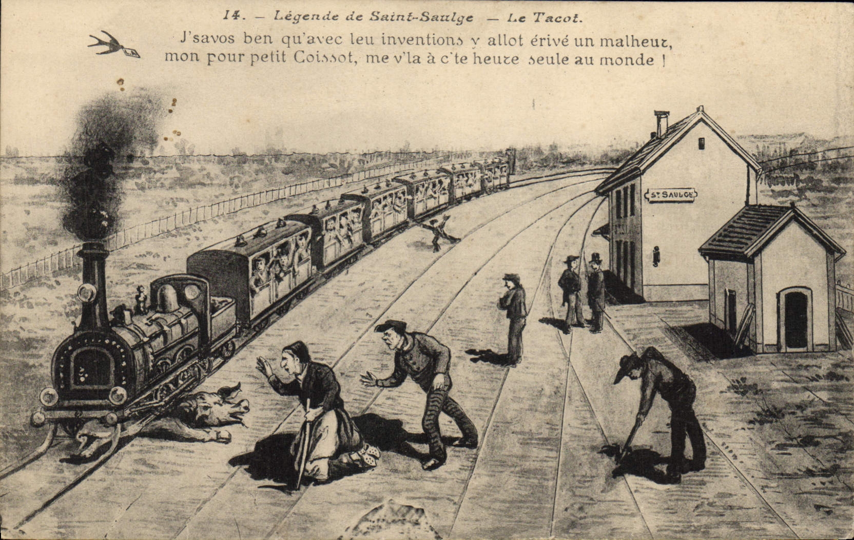 Vintage Postcard Cochon Pig Captions of Saulge Saint the Train jalopy