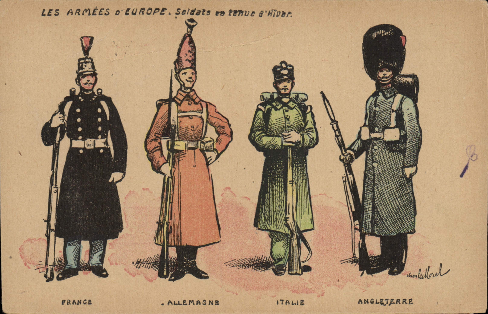 CPA Militaria Les armees d'Europe Soldats en tenue d'hiver France Allemagne Italie Angleterre