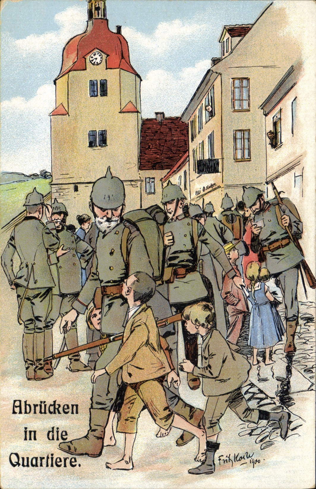 Vintage Postcard Militaria Abrucken in die Quartiere Children