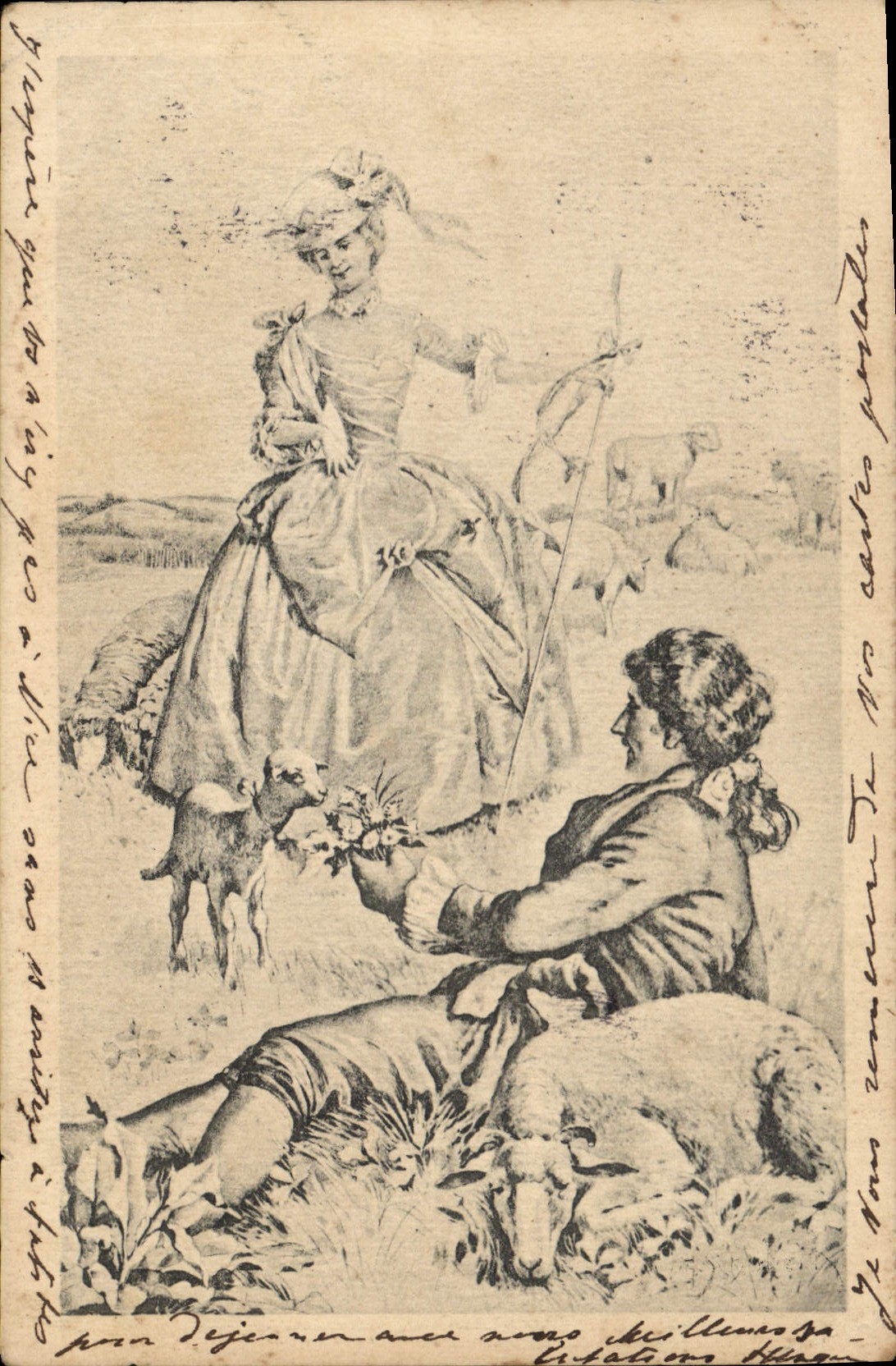 Vintage Postcard Fantasy Illustrator Shepherdess Sheep