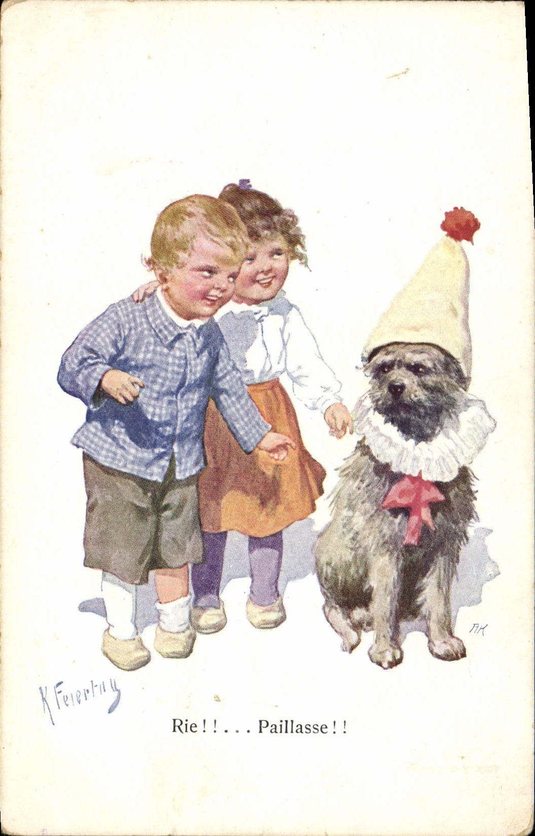 Vintage Postcard Fantasy Illustrator Children Dog Clown