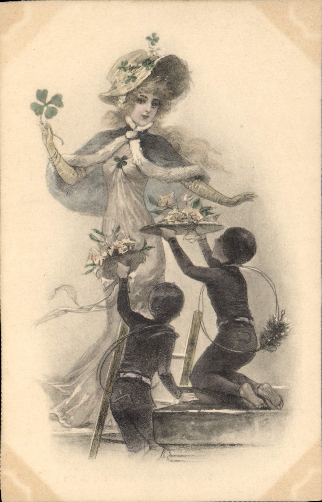 Vintage Postcard Fantasy Illustrator Woman Children Chimney sweeper