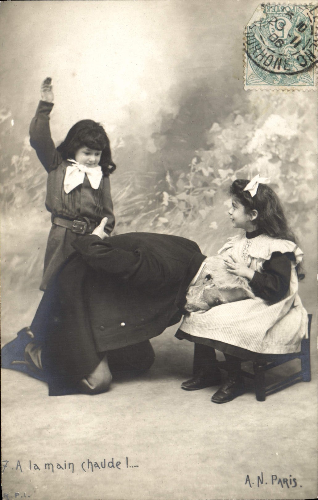 Vintage Postcard Children With the hot hand!