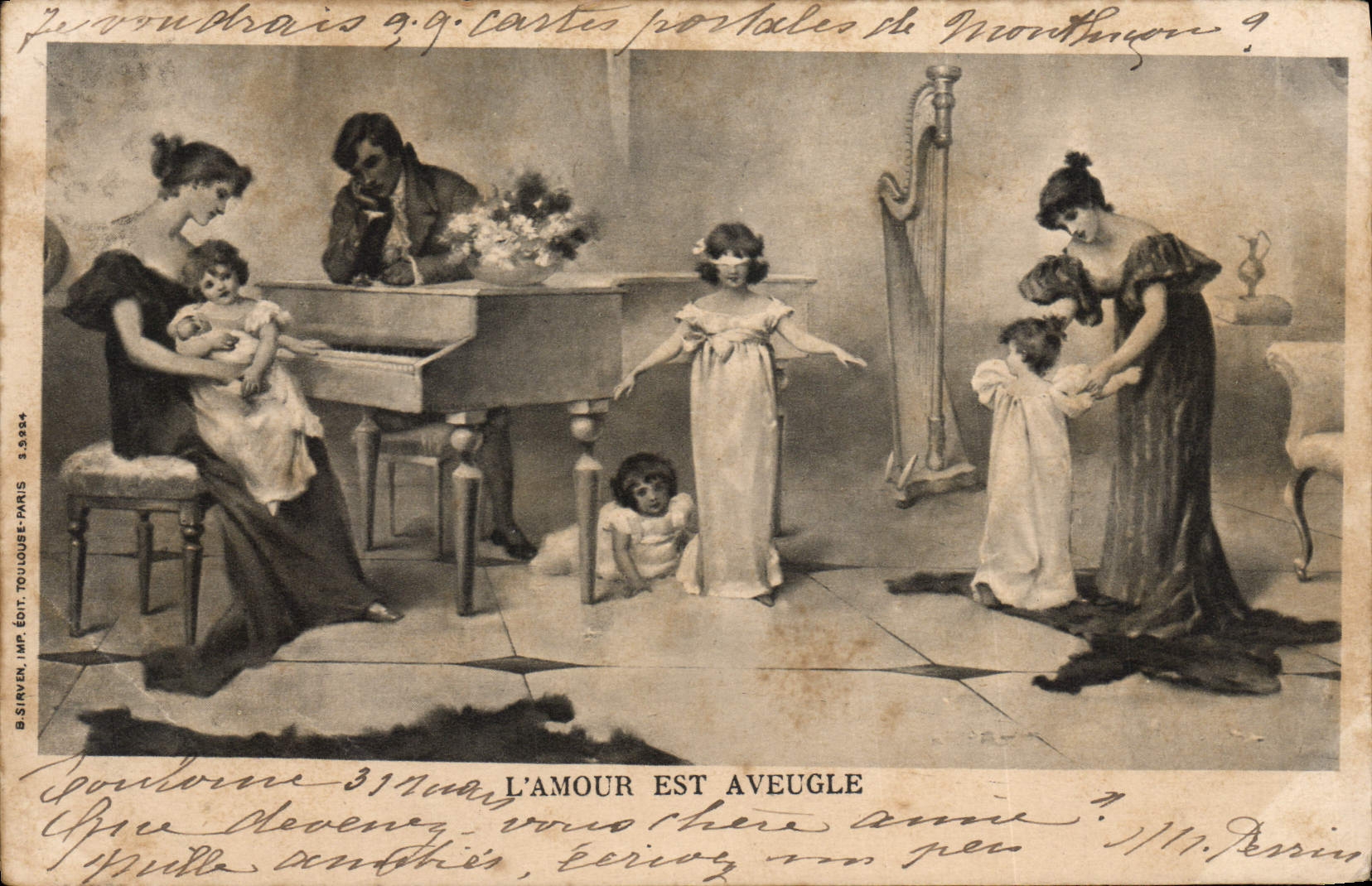 Vintage Postcard Enfants the love is blind Piano