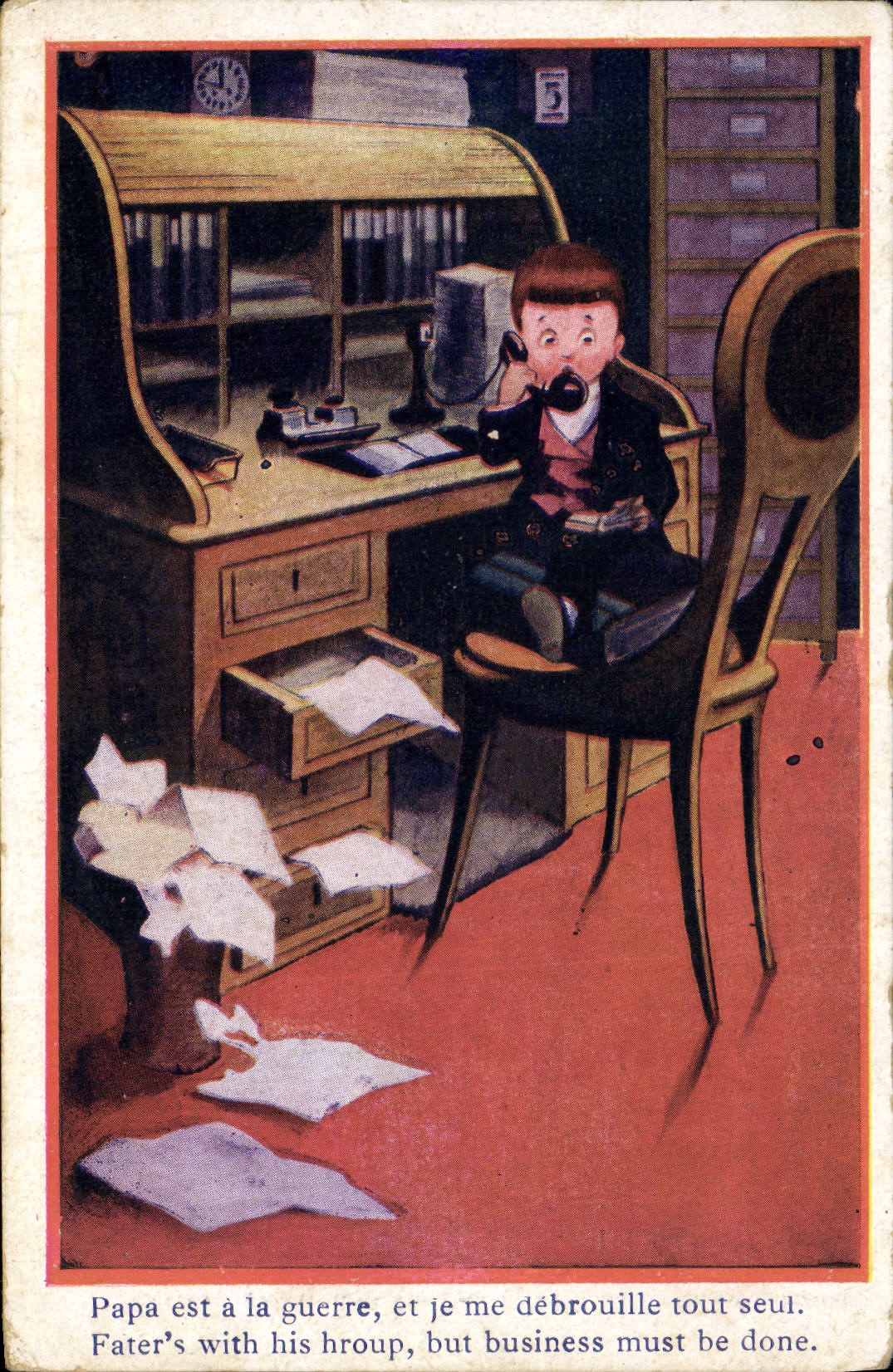 Vintage Postcard Fantaisie Illustrator Child Telephones Dad has the war