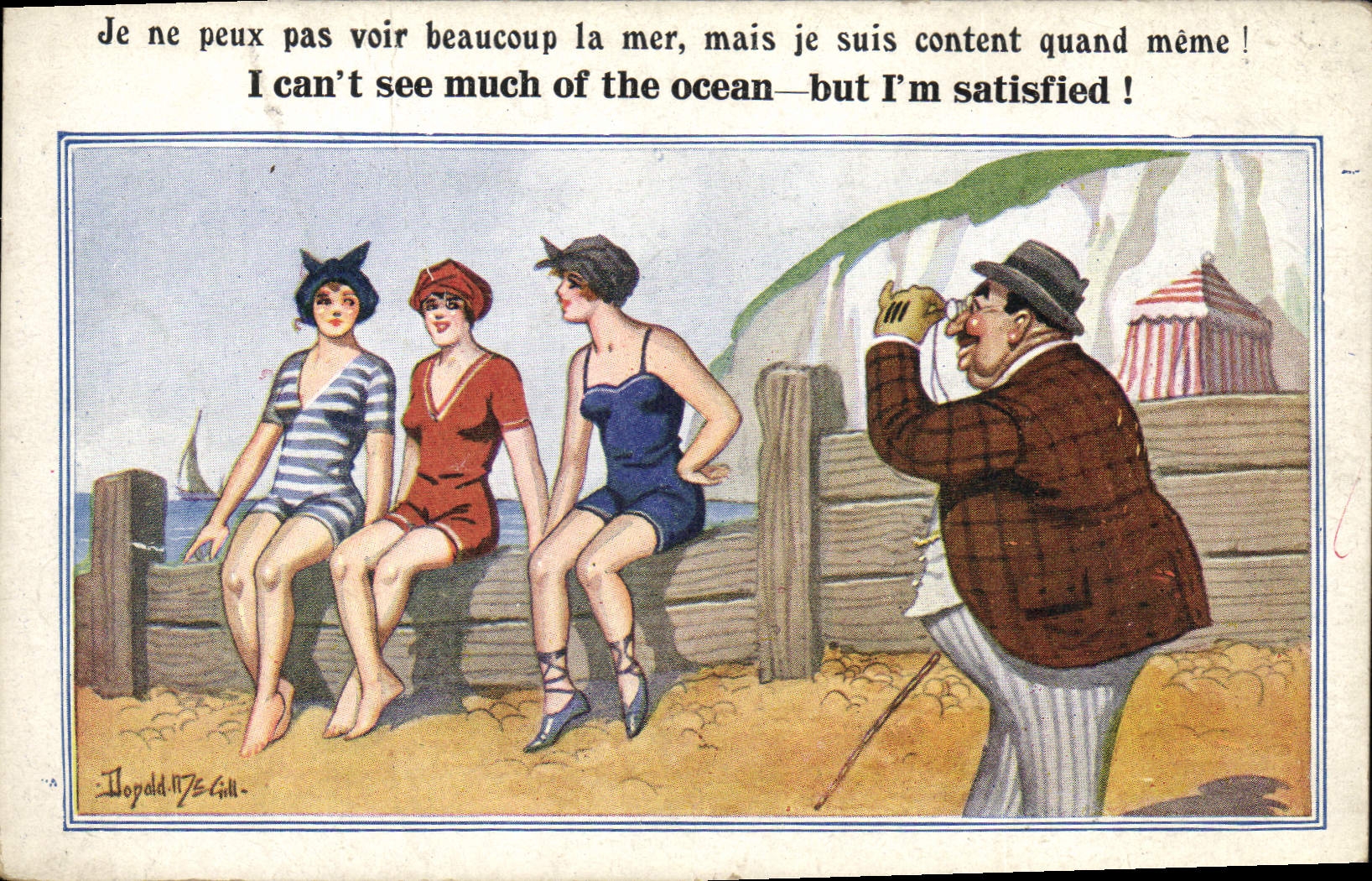 Vintage Postcard Fantaisie Illustrator Donald Mc Gill Femmes has the beach
