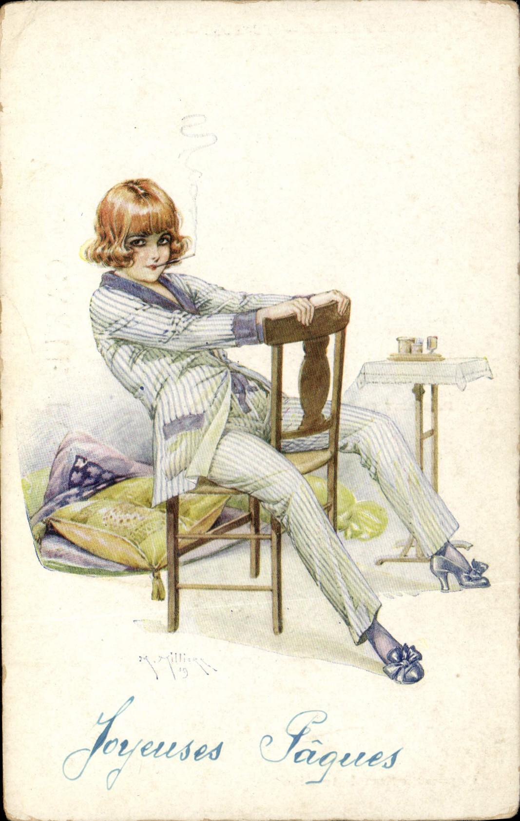 Vintage Postcard Fantasy Illustrator Woman Easter Cigarette