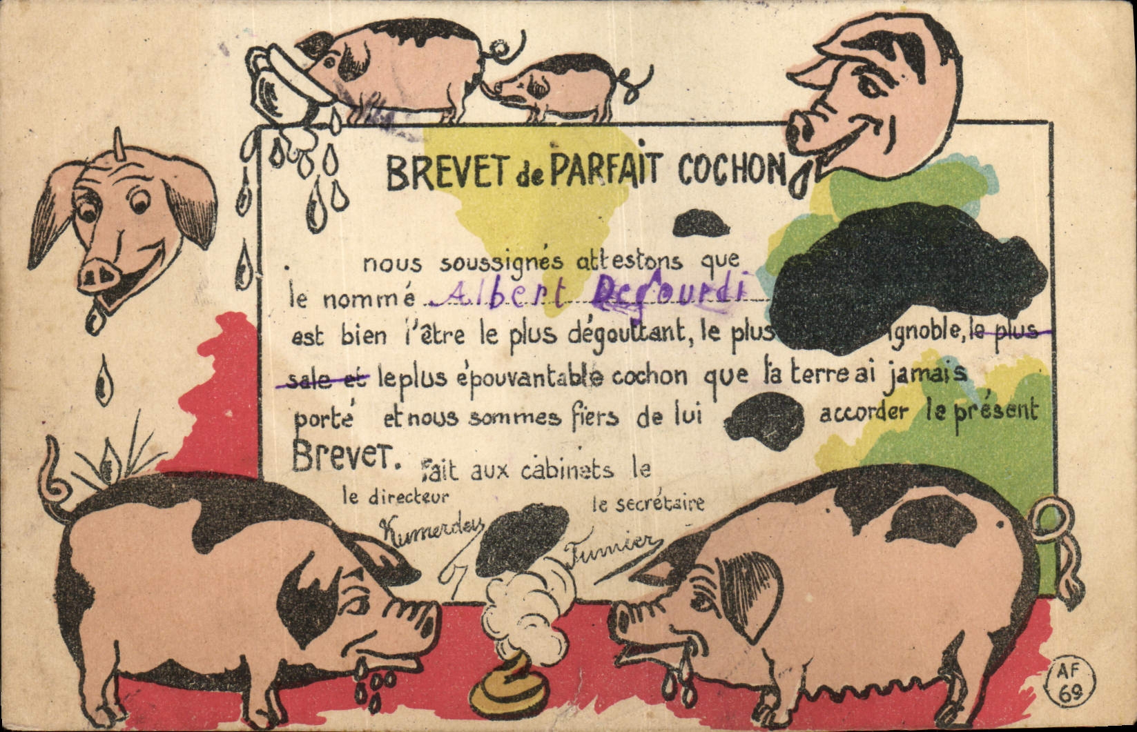 CPA Cochon Porc Brevet de parfait cochon