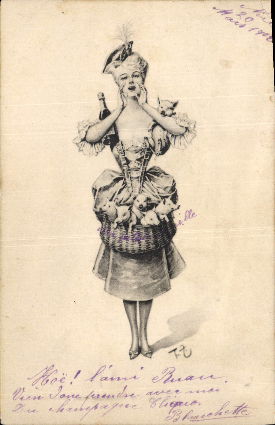 CPA Cochon Porc Femme 
