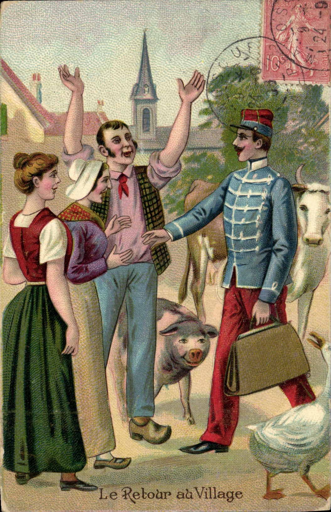 Postal Cerdo Cerdo la vuelta al pueblo Militaria