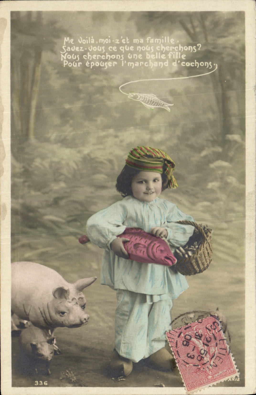 CPA Cochon Porc Enfant Poisson 