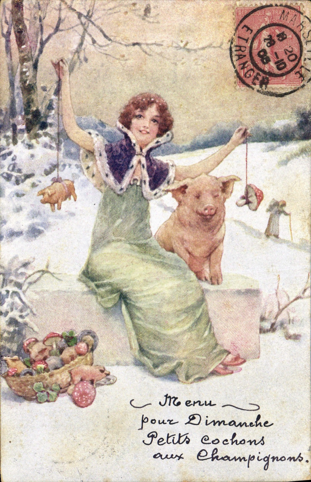 CPA Cochon Porc Femme Champignon 