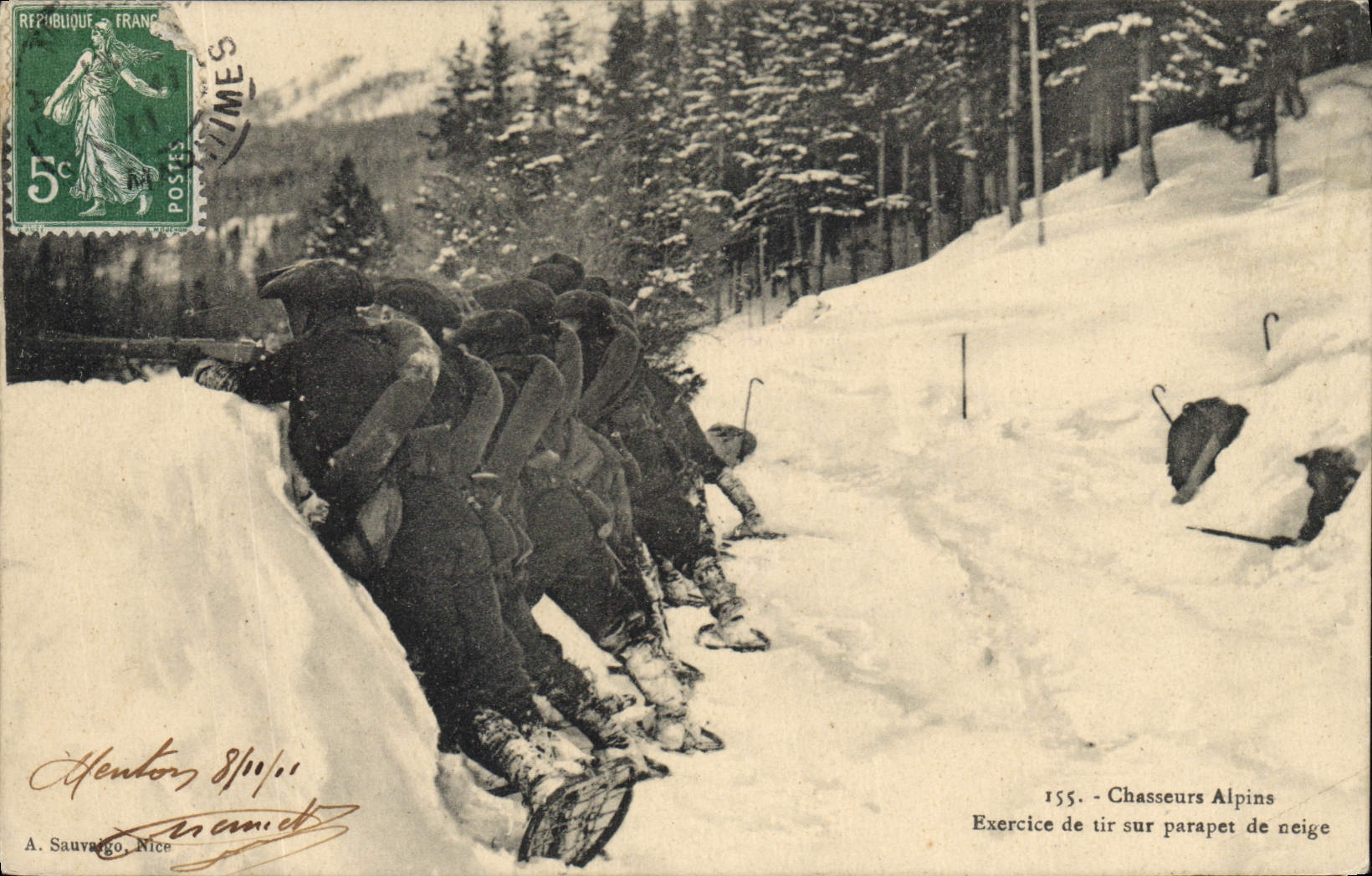 Vintage Postcard Militaria Alpine hunters Firing practice on parapet of snow