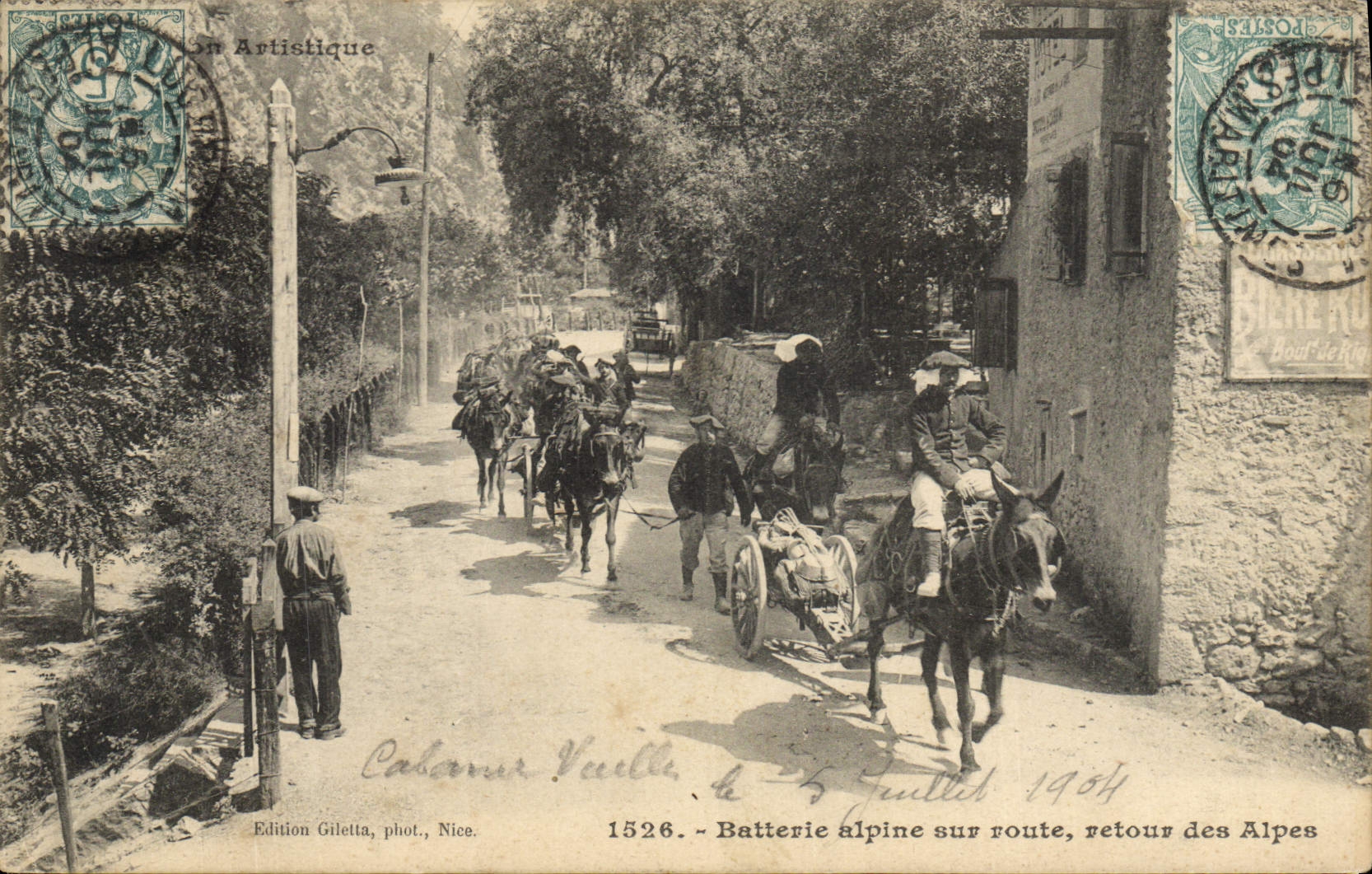 Postal Militaria Cazadores Alpestres Batería alpestre sobre carretera vuelta de los Alpes Asno Mula
