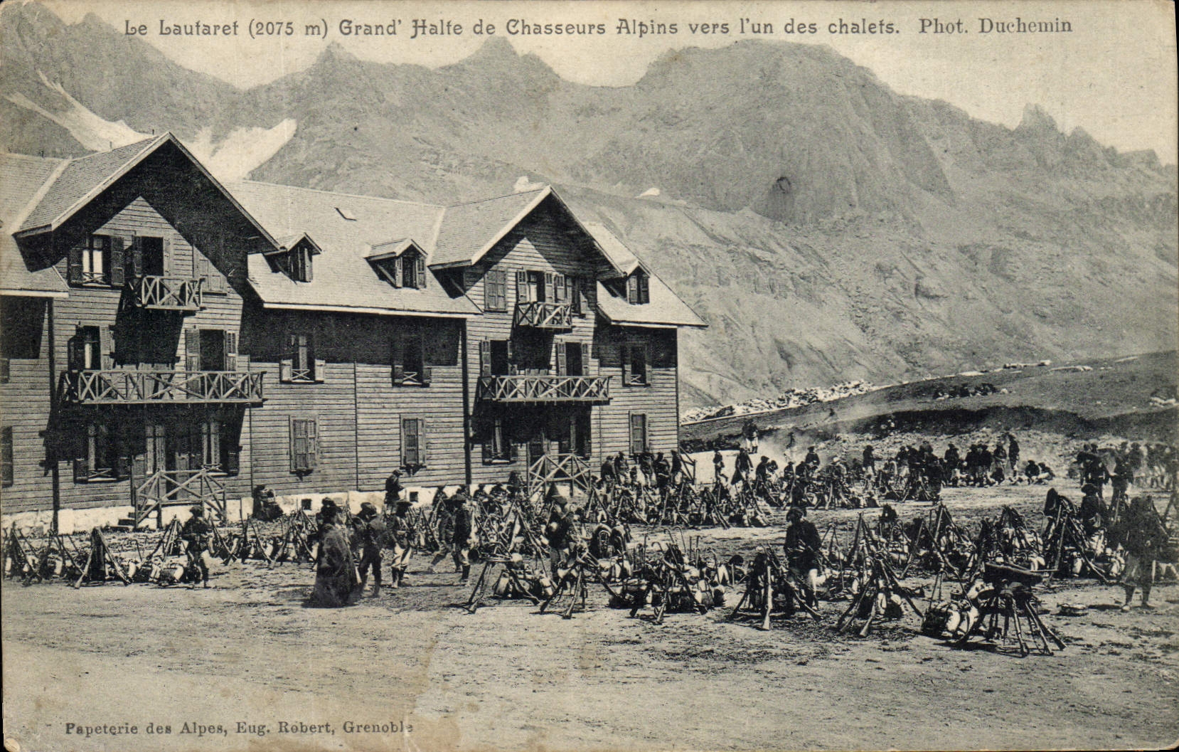 Vintage Postcard Militaria Alpine hunters Large Lautaret Halt of the Alpine hunters towards one of the country cottages