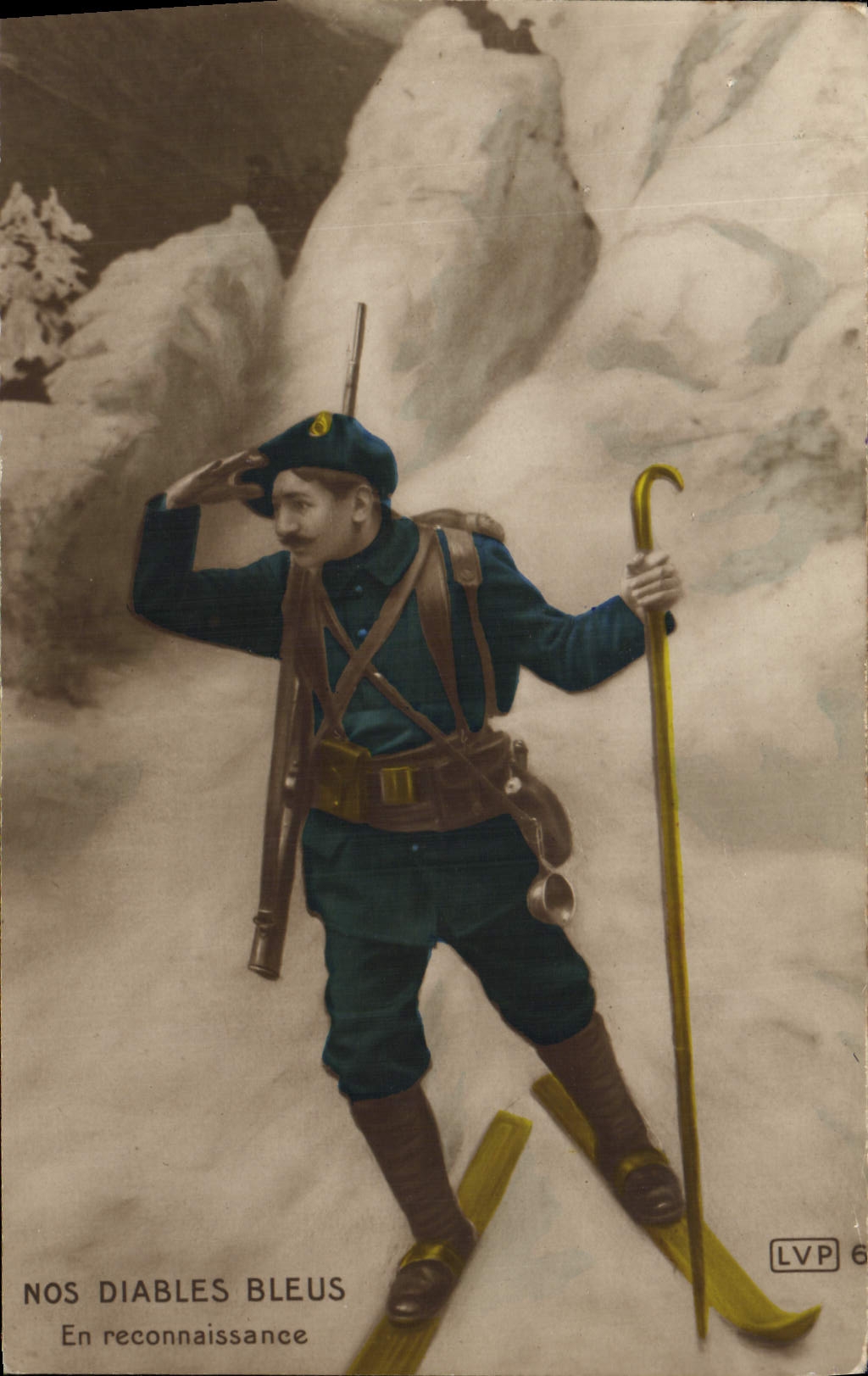 Vintage Postcard Militaria Alpine hunters Our blue devils Ski In reconnaissanc