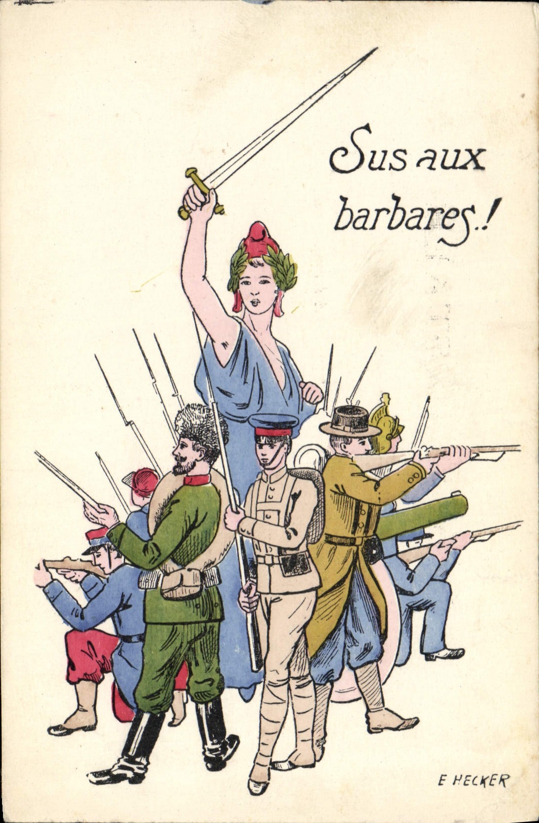 CPA Militaria Sus aux barbares Marianne 