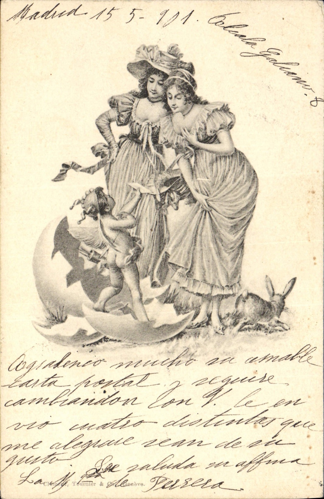 Vintage Postcard Fantasy Illustrator Women Angel Rabbit